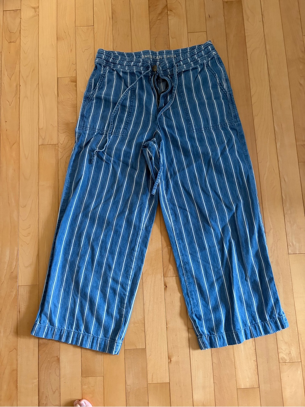 American Eagle 3/4 Blue Striped Drawstring Pants